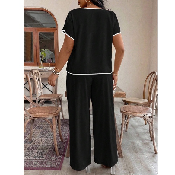 Plus Short Sleeve top Colorblock Wide Leg Lounge Pants Set - Picture 4 of 5